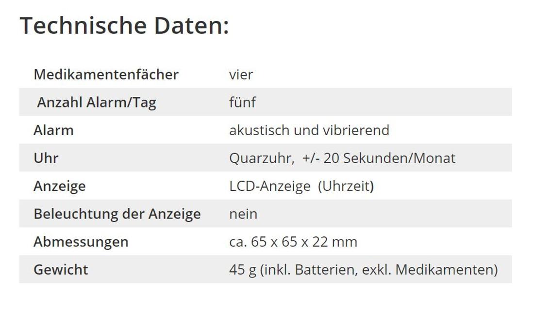 Tablettenbox Scala Vergiss Nix mit Vibrationsalarm 4 Fächer