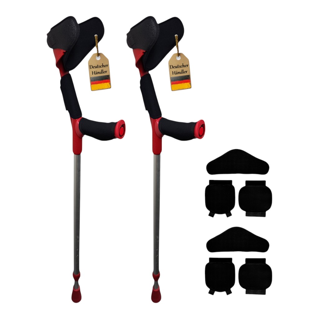 2x Krücke mit Armschalenpolster und Softgriff , Rebotec Magic-Soft Unterarmgehstütze, bis 130 kg - Rot - 2 Stück
