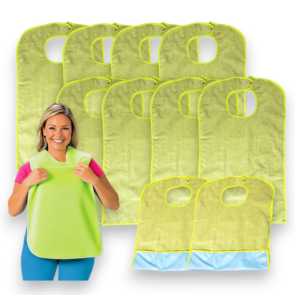 10x Waschbare Lätzchen mit  Auffangfalte von Dutchblue für Erwachsene Bewohner-Schutzservietten, Grün