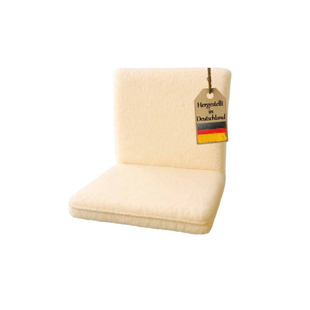 Rollstuhlsitzpolster aus echter Schurwolle, Sitzkissen mit Rücklehne und zwei Armauflagenschoner für Rollstühle, Farbe: natur, Schurwoll-Rollstuhl-Set