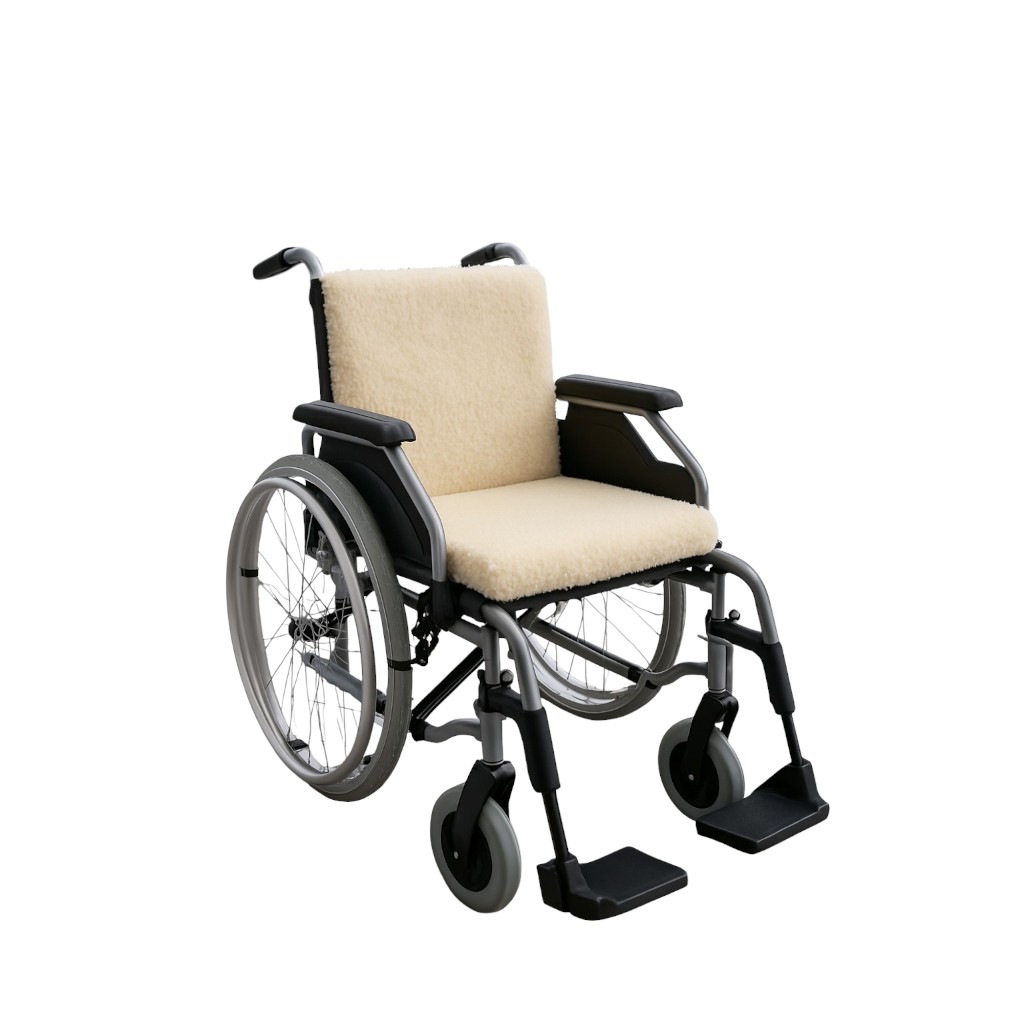 Rollstuhlsitzpolster aus echter Schurwolle, Sitzkissen mit Rücklehne und zwei Armauflagenschoner für Rollstühle, Farbe: natur, Schurwoll-Rollstuhl-Set