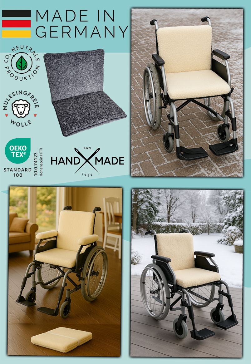 Rollstuhlsitzpolster aus echter Schurwolle, Sitzkissen mit Rücklehne und zwei Armauflagenschoner für Rollstühle, Farbe: anthrazit, Schurwoll-Rollstuhl-Set